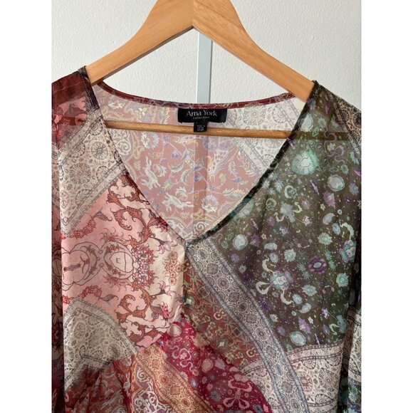 Boho Top 22/24 Patchwork Tunic Sheer Flowy Hare Print Festival CottageCore Fairy - Picture 10 of 16